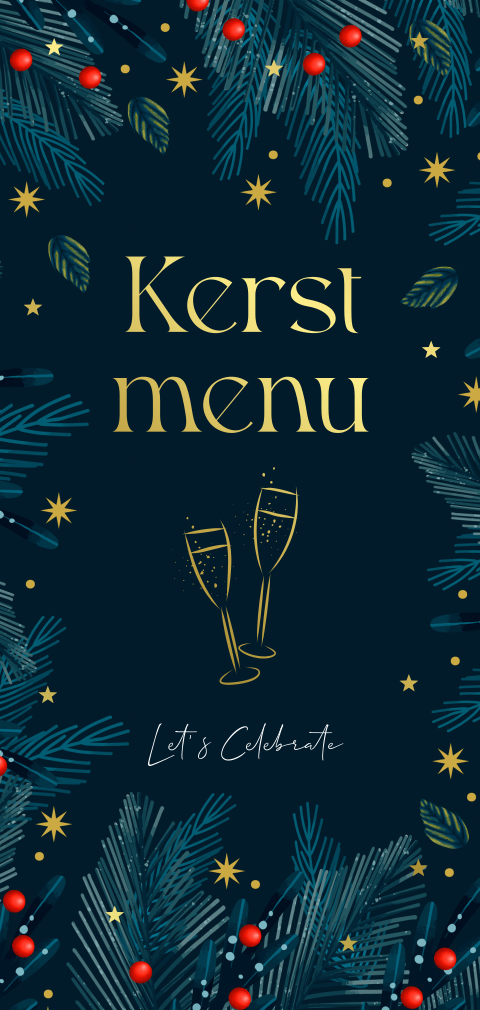 Kerstmenukaart blauw kersttakjes champagneglazen goudfolie