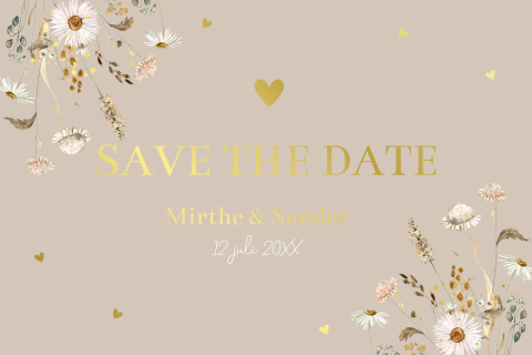 Save the Date kaart beige veldbloemen goudfolie