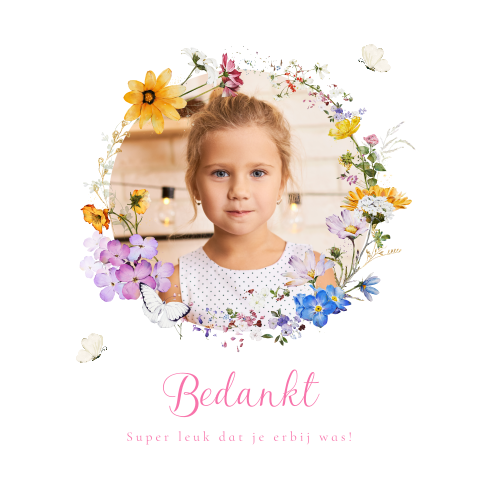 Bedankkaart communie meisje eigen foto bloemen