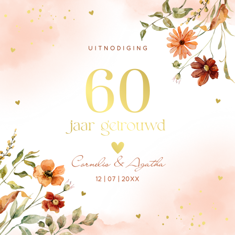 Jubileum uitnodiging 60 jaar getrouwd bloemen peach zalm goudfolie