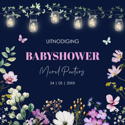 Babyshower uitnodiging bloemen paars