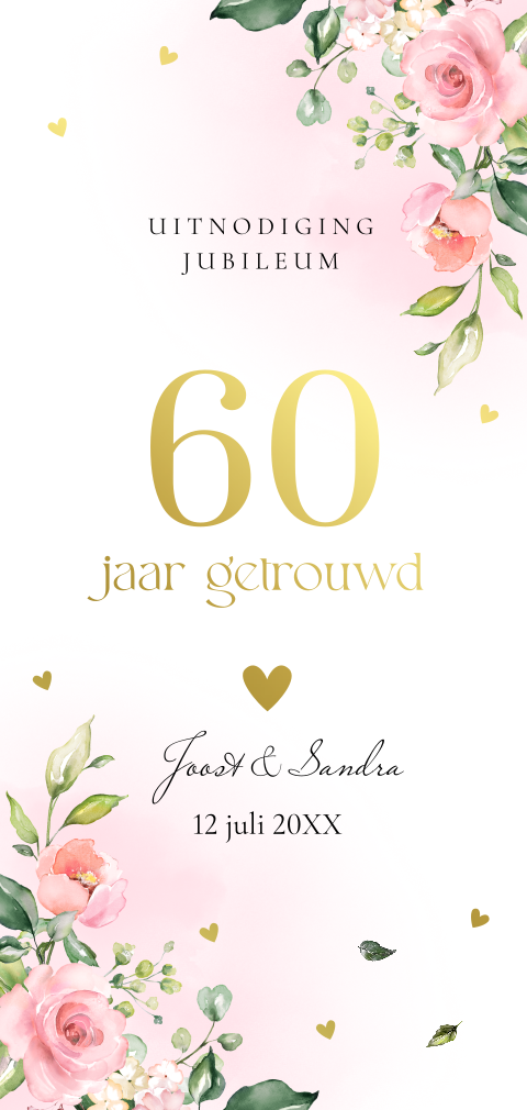Jubileum uitnodiging 60 jaar getrouwd roze bloemen goudfolie