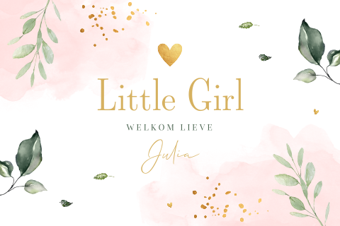 Felicitatie geboorte dochter baby meisje botanisch roze bladeren 