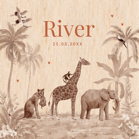 Geboortekaartje echt hout jungle dieren beige