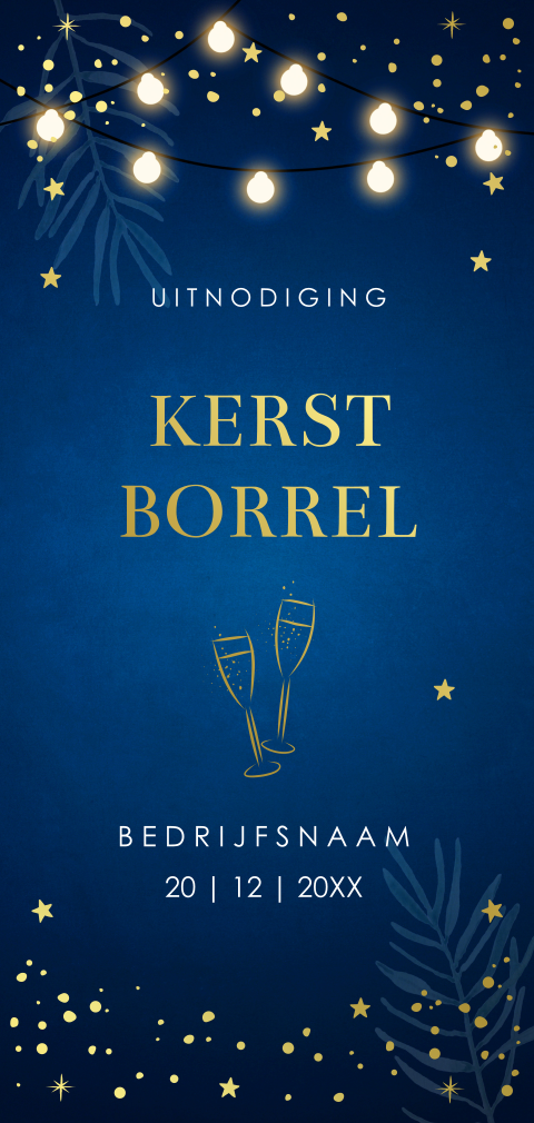 Kerstborrel uitnodiging blauw zakelijk langwerpig goudfolie