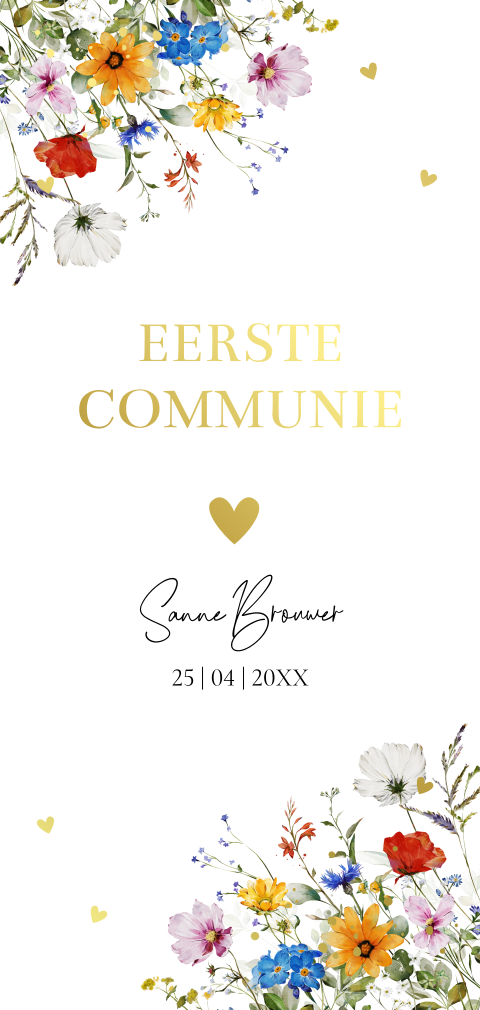 Communiekaart meisje gekleurde veldbloemen goudfolie