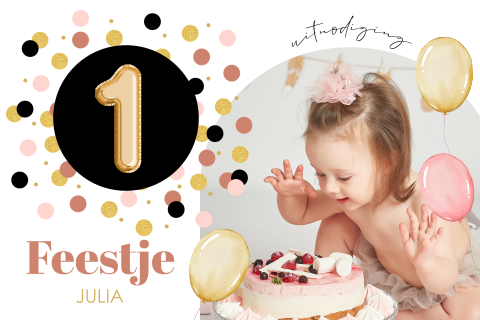 Uitnodiging kinderfeestje meisje 1 jaar foto boog dots ballonnen