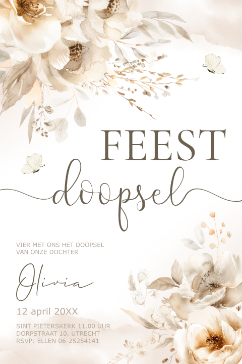 Doop uitnodiging meisje beige bloemen watercolour