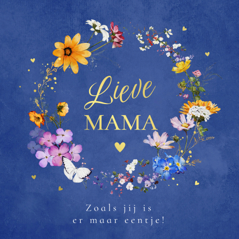Moederdagkaart bloemenkrans blauw goudfolie