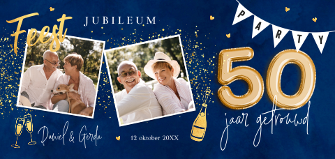 Jubileum uitnodiging 50 jaar getrouwd blauw foto slinger ballonnen