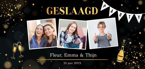 Uitnodiging geslaagd examenfeest zwart fotocollage blauw