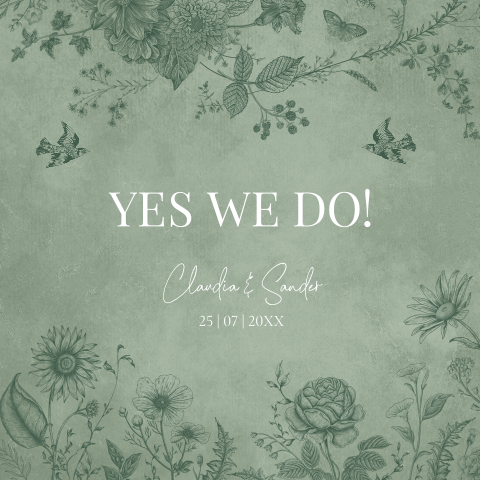 Trouwkaart groen botanisch floral bloemen vogels