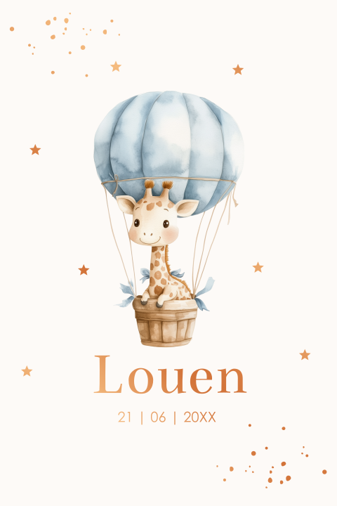 Geboortekaartje jongen giraffe luchtballon koperfolie