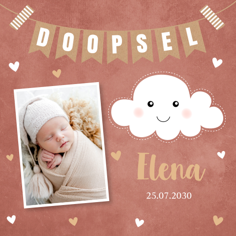 Doopkaart meisje foto wolkje roestbruin slinger hartjes