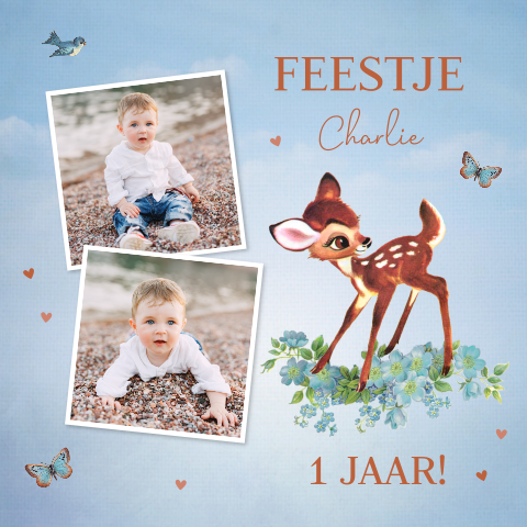 Uitnodiging kinderfeestje jongen 1 jaar eigen foto vintage hertje