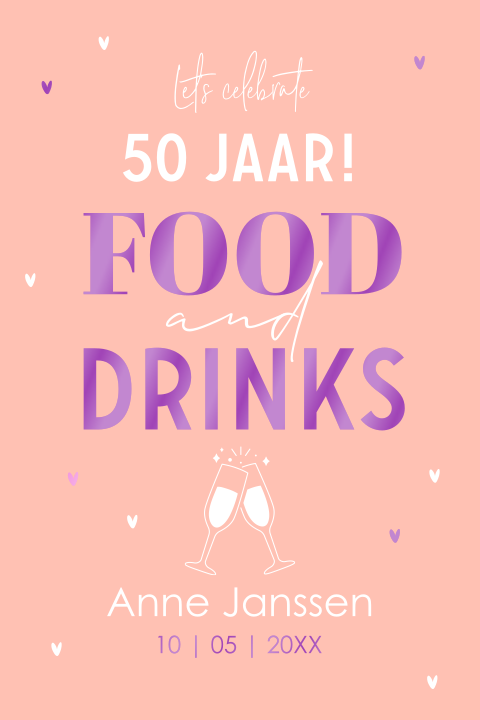 Uitnodiging verjaardag 50 jaar roze paars typografie hoogglans