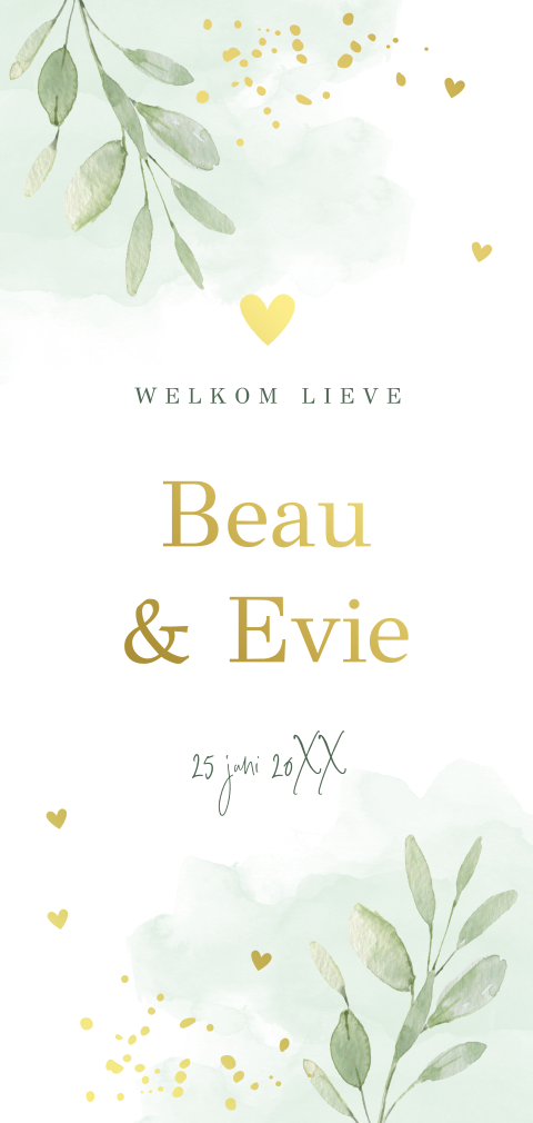 Geboortekaartje tweeling groen watercolour blaadjes goudfolie