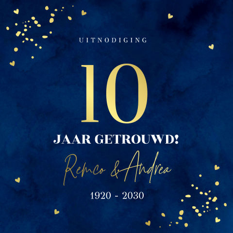 Uitnodiging jubileum huwelijk 10 jaar getrouwd blauw goudfolie