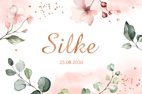 Geboortekaartje meisje roze bloemen koperfolie