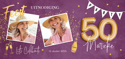 Uitnodiging verjaardag 50 jaar foto paars goud vrouw slinger feest