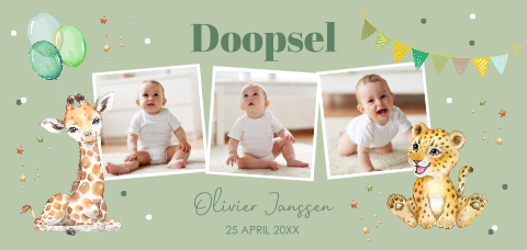 Doop uitnodiging jongen fotocollage safari dieren groen