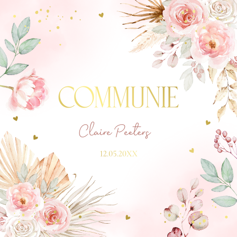 Communie uitnodiging meisje bohemian bloemen goudfolie