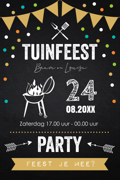 Uitnodiging tuinfeest zwart confetti slinger bbq