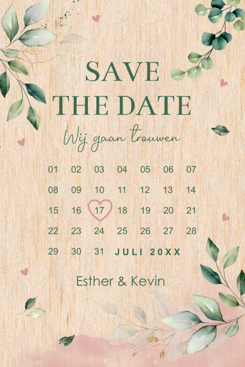 Save the Date kaart echt hout kalender botanisch
