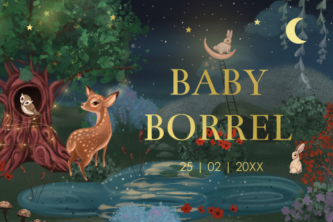 Babyborrel kaartje met sprookjesbos bosdieren hertje goudfolie