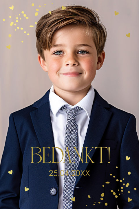Bedankkaart communie jongen eigen foto goudfolie