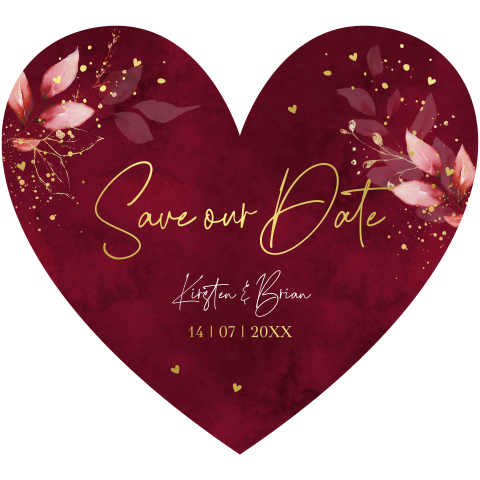 Save the Date kaart hartje rood goudfolie botanisch