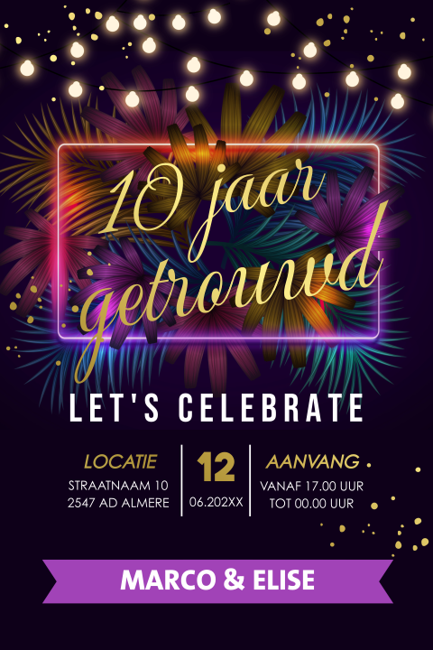 Uitnodiging jubileum huwelijk 10 jaar getrouwd neon paars goudfolie
