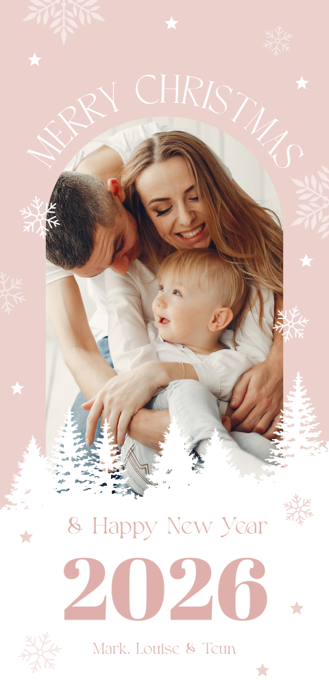 Kerstkaart met foto boog roze sneeuwvlokken