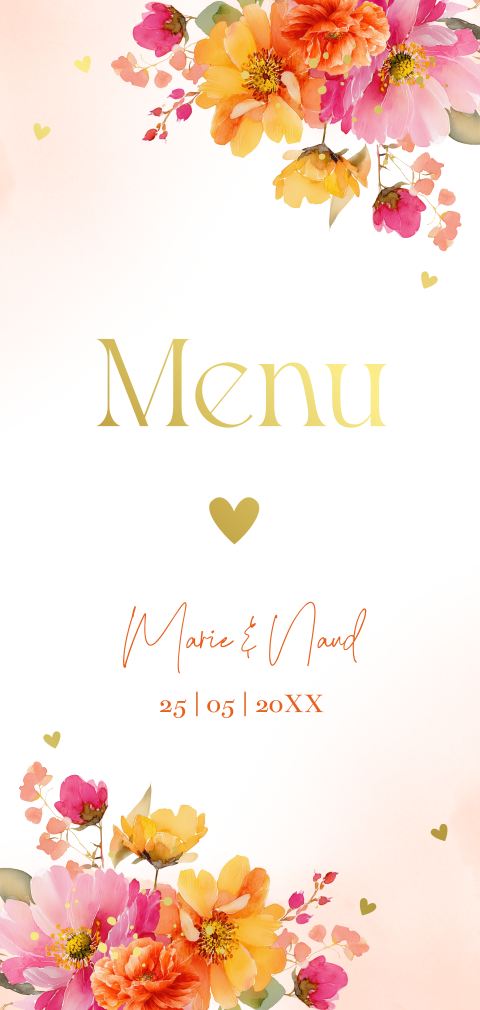 Menukaart langwerpig huwelijk pink orange bloemen goudfolie