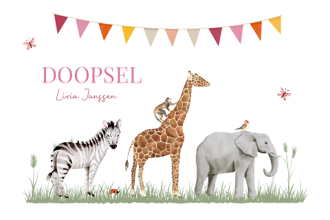 Doopkaart meisje safari dieren slinger