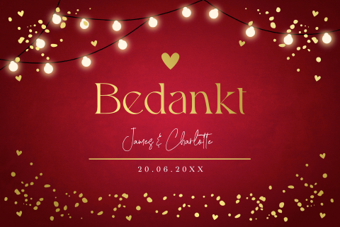 Bedankkaart bruiloft rood kerst lampjes goudfolie