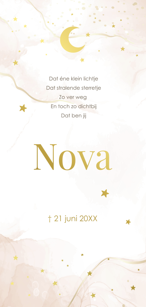 Rouwkaartje baby beige met sterren en maan in goudfolie