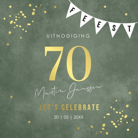 Uitnodiging verjaardag 70 jaar groen man goudfolie slinger