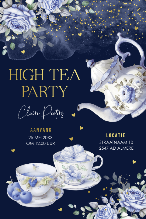 High Tea uitnodiging blauw bloemen theekopjes goudfolie