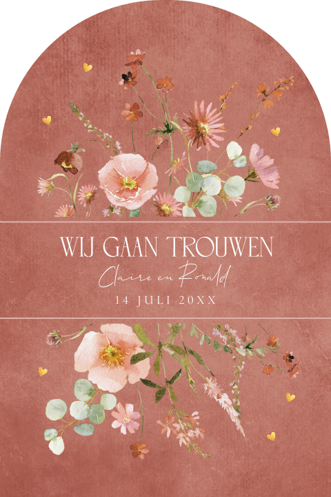 Trouwkaart boog vorm terracotta roze bloemen