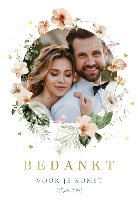 Bedankkaart huwelijk wit tropisch foto boog goudfolie