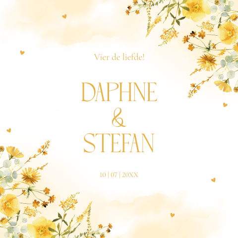 Trouwkaart bloemen geel watercolour vierkant