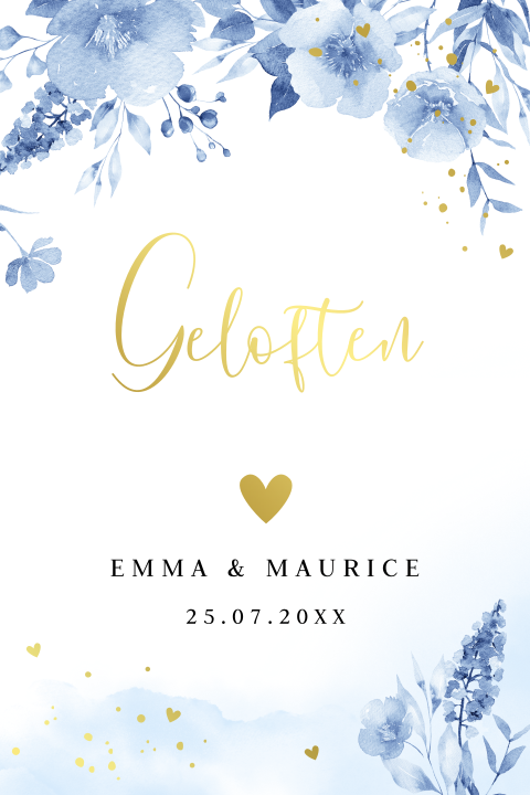 Geloftenkaart bloemen blauw watercolour goudfolie