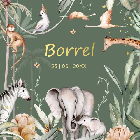 Kraamborrelkaartje jungle dieren groen vierkant