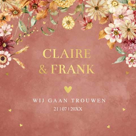 Trouwkaart bloemen roze terracotta luxe goudfolie chic autumn