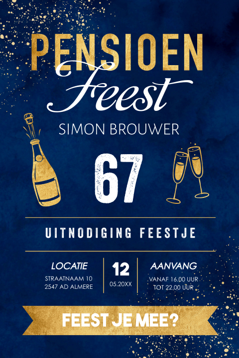 Uitnodiging pensioen blauw typografie goud look champagne