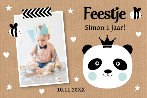 Uitnodiging kinderfeestje jongen 1 jaar foto pandabeer kraftlook