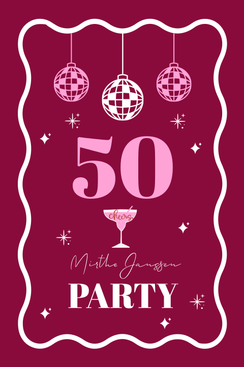 Uitnodiging verjaardag vrouw roze golvend kader discoballen cocktail
