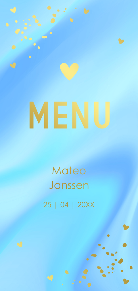 Menukaart communie holografisch blauw langwerpig goudfolie