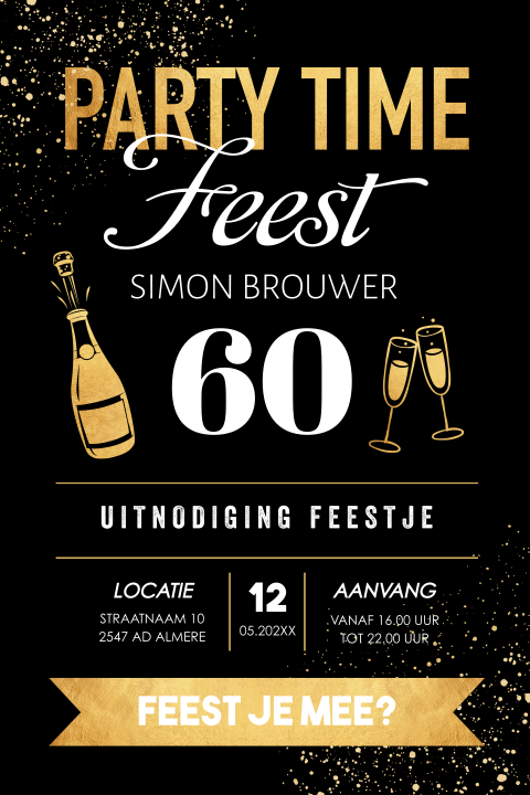 Verjaardag uitnodiging 60 jaar zwart goudlook tekst